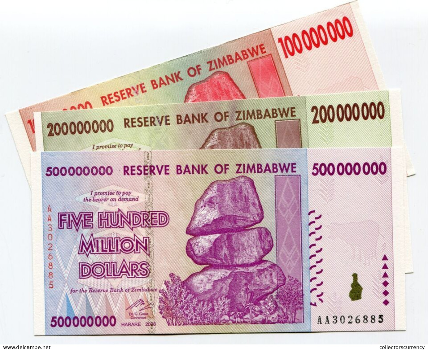 Zimbabwe 2008 Set 100 + 200 + 500 Million Dollars UNC P80 To P82 Currency Notes - Simbabwe