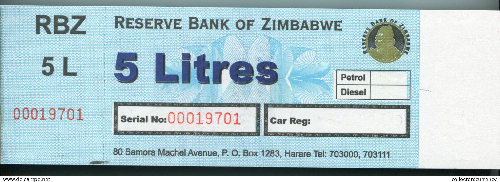 Reserve Bank Of Zimbabwe Uncirculated 5 Litres Petrol Gas Fuel Coupon Rare X 10 - Zimbabwe