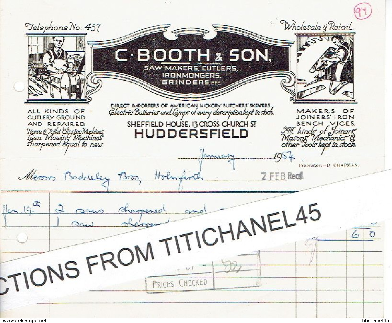 1954 HUDDERSFIELD - Invoice From C. BOOTH & SON - Saw Makers, Cutlers, Ironmongers, Grinders... - United Kingdom