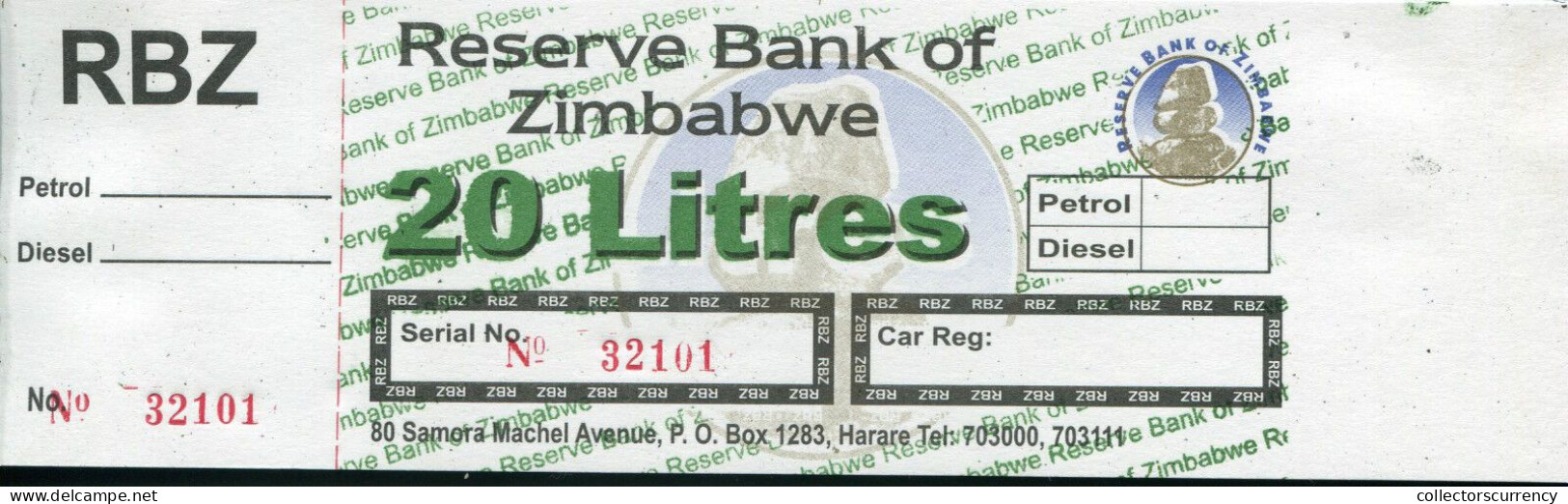 Reserve Bank Of Zimbabwe Uncirculated 20 Litres Petrol Gas Fuel Coupon - Rarex10 - Zimbabwe