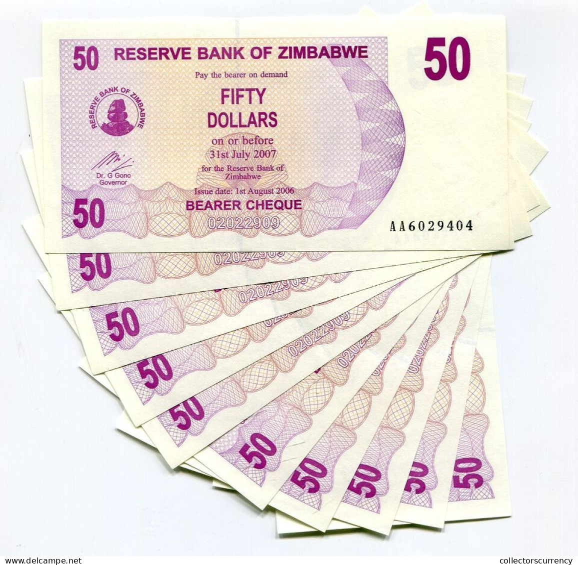 Zimbabwe 2006 P41 - 50 Dollar Bearer Check Unc X 10 Piece Lot - AA Prefix - Simbabwe