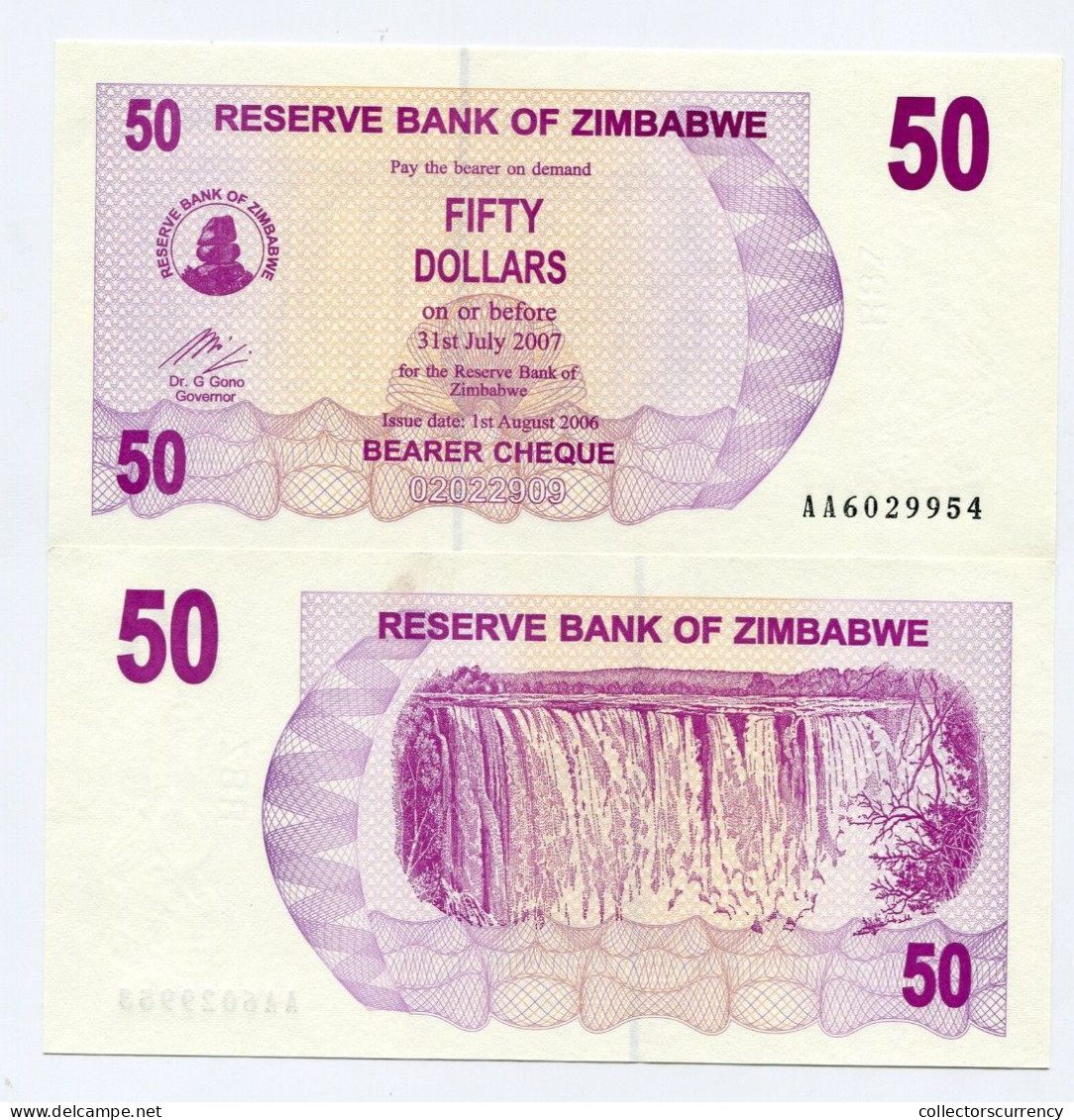Zimbabwe 2006 P41 - 50 Dollar Bearer Check Unc X 10 Piece Lot - AA Prefix - Zimbabwe