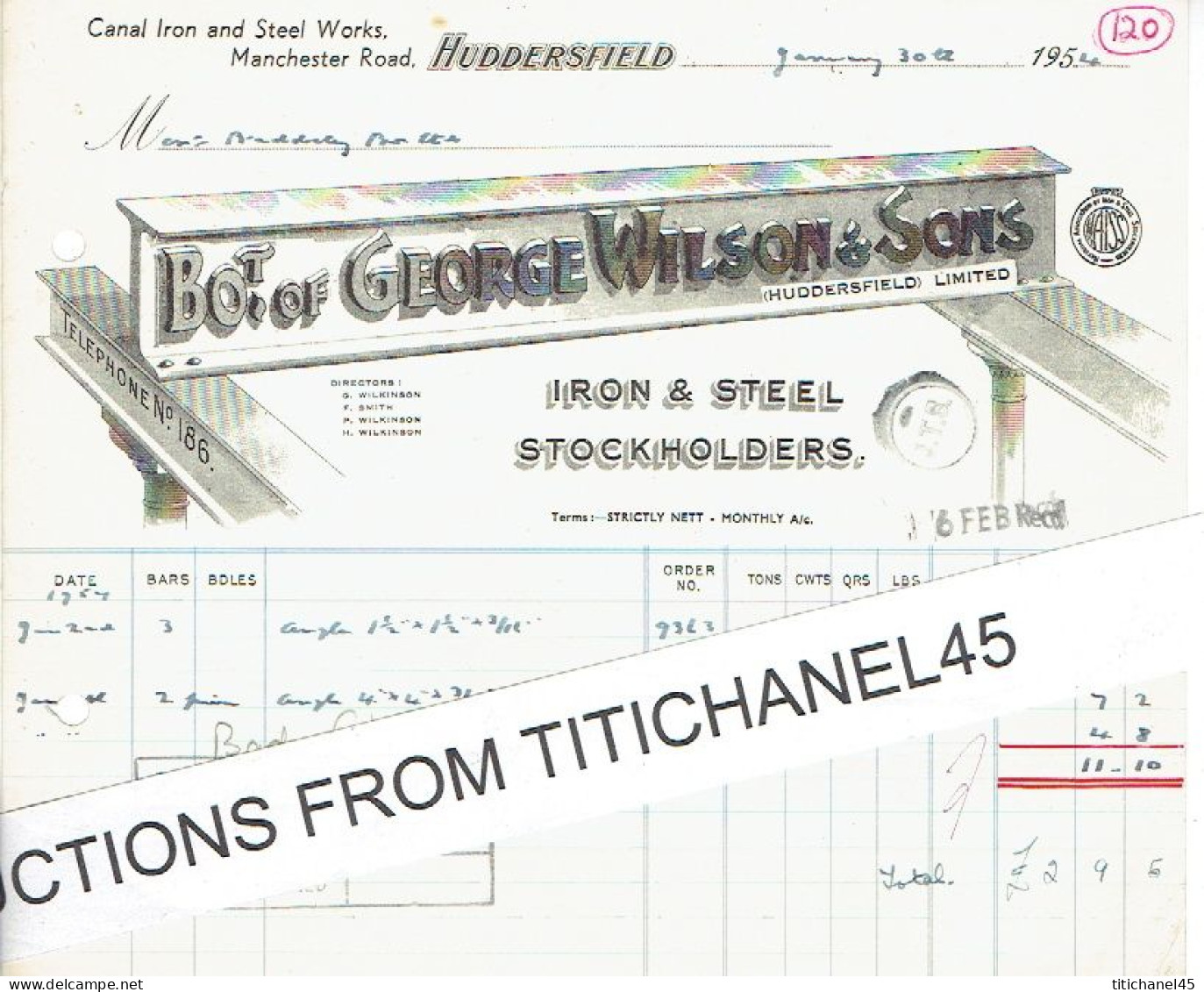 1954 HUDDERSFIELD - Invoice From GEORGE WILSON & Sons - Iron & Steel Stockholders - Verenigd-Koninkrijk