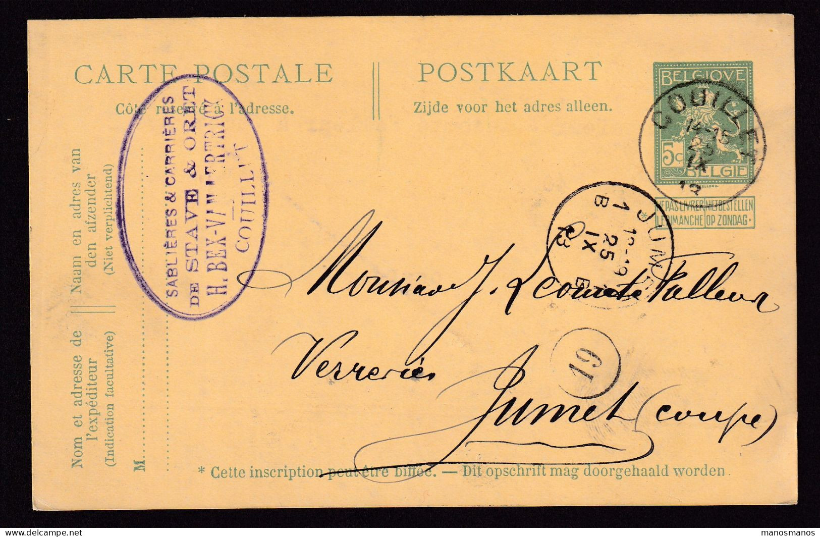 DDFF 597 -  Entier Pellens T2R COUILLET 1913 Vers JUMET (Coupe) - Cachet Privé Sablières Et Carrières De STAVE Et ORET - Postcards 1909-1934
