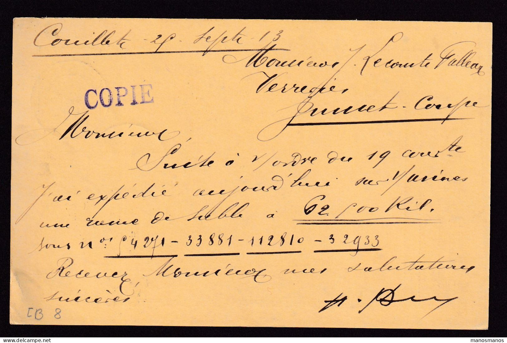 DDFF 597 -  Entier Pellens T2R COUILLET 1913 Vers JUMET (Coupe) - Cachet Privé Sablières Et Carrières De STAVE Et ORET - Postcards 1909-1934