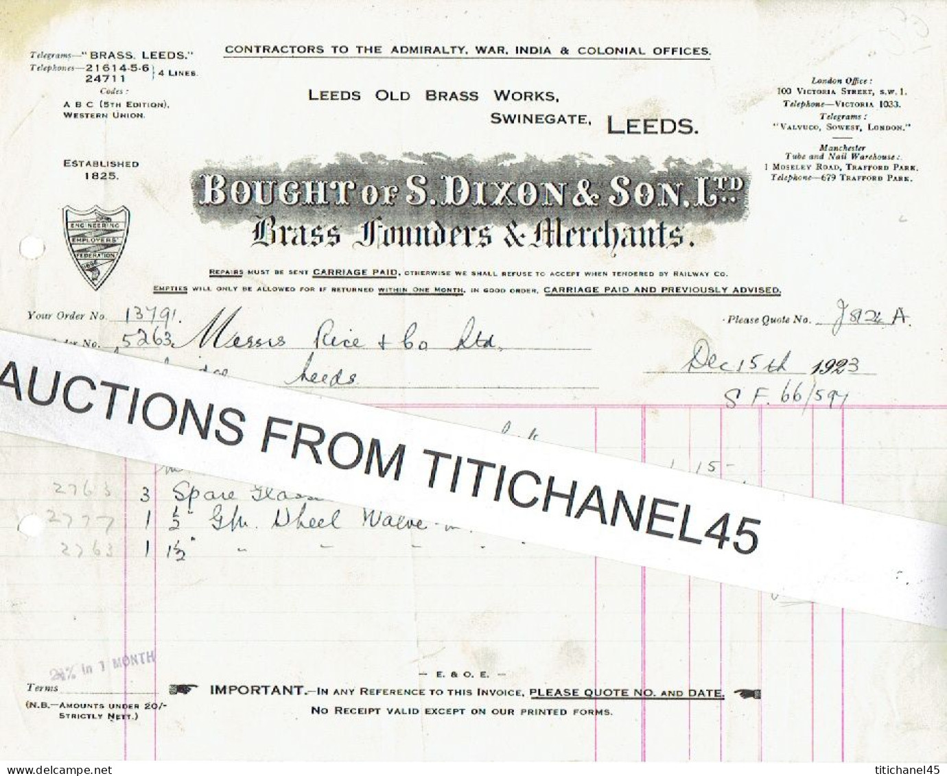 1923 LEEDS - Invoice From BOUGHT Of S. DIXON & SON Ltd - Brass Founders & Merchants - Regno Unito