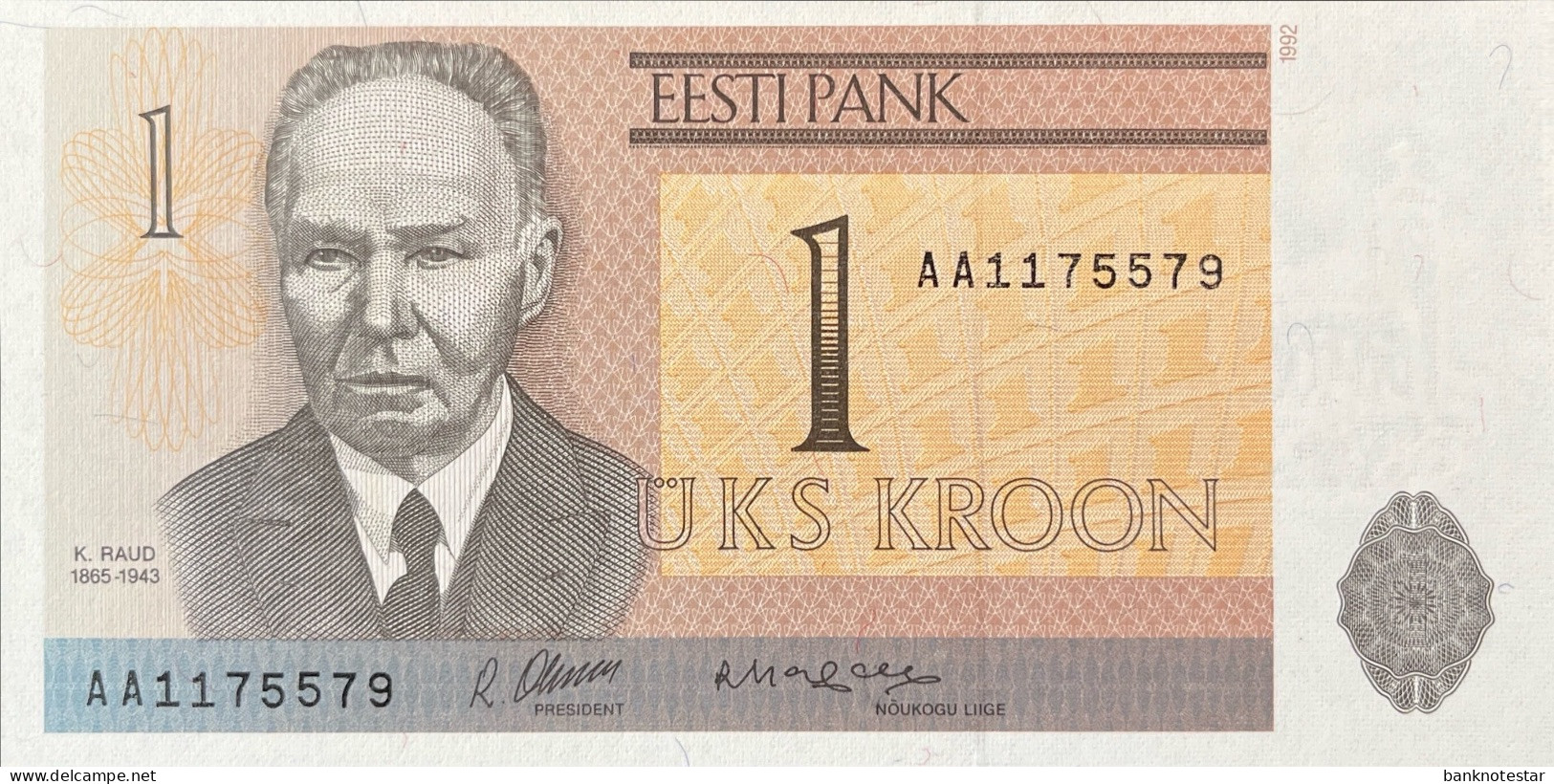 Estonia 1 Kroon, P-69 (1992) - UNC - AA Serial Number - Estland