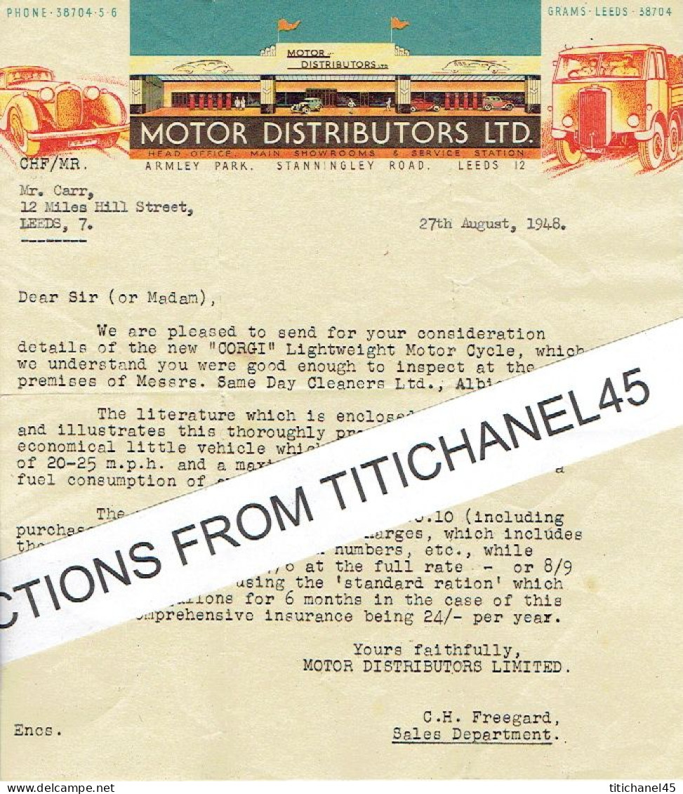1948 LEEDS - Letter From MOTOR DISTRIBUTORS LTD - Verenigd-Koninkrijk