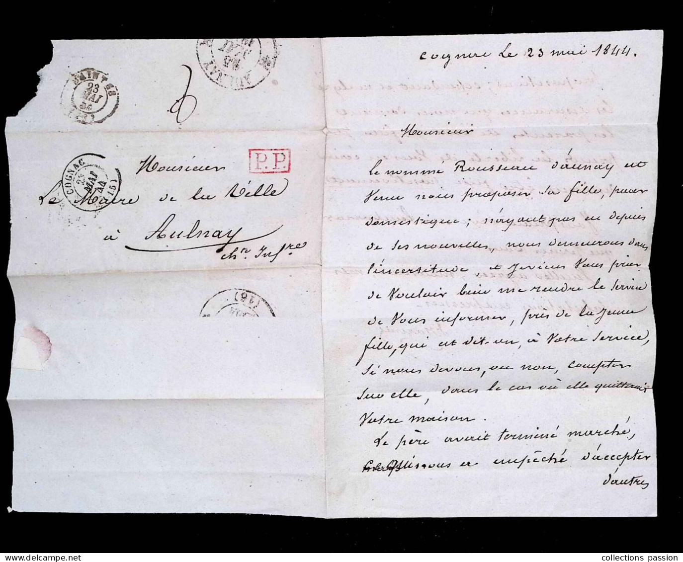 Lettre, Préphilatélie, Précurseurs XIX E Siècle, 1844, Cognac 16, Charente Inférieure à Aulnay 16, 4 Scans, P.P Rouge - 1801-1848: Voorlopers XIX