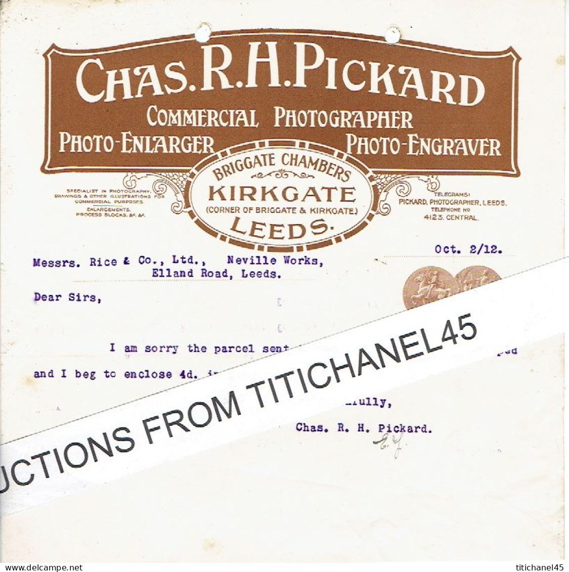 LEEDS - Letter From CHAS. R.H. PICKARD - Commercial Photographer, Photo-enlager, Photo-engraver - United Kingdom