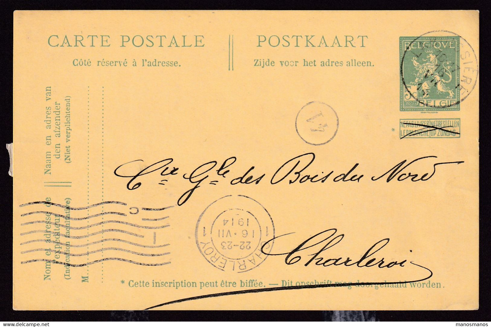 DDFF 601 -  Entier Pellens T2R LA BUISSIERE (COBA 80 EUR) 1914 Vers CHARLEROI - Cachet Privé S.A. De MERBES LE CHATEAU - Postcards 1909-1934