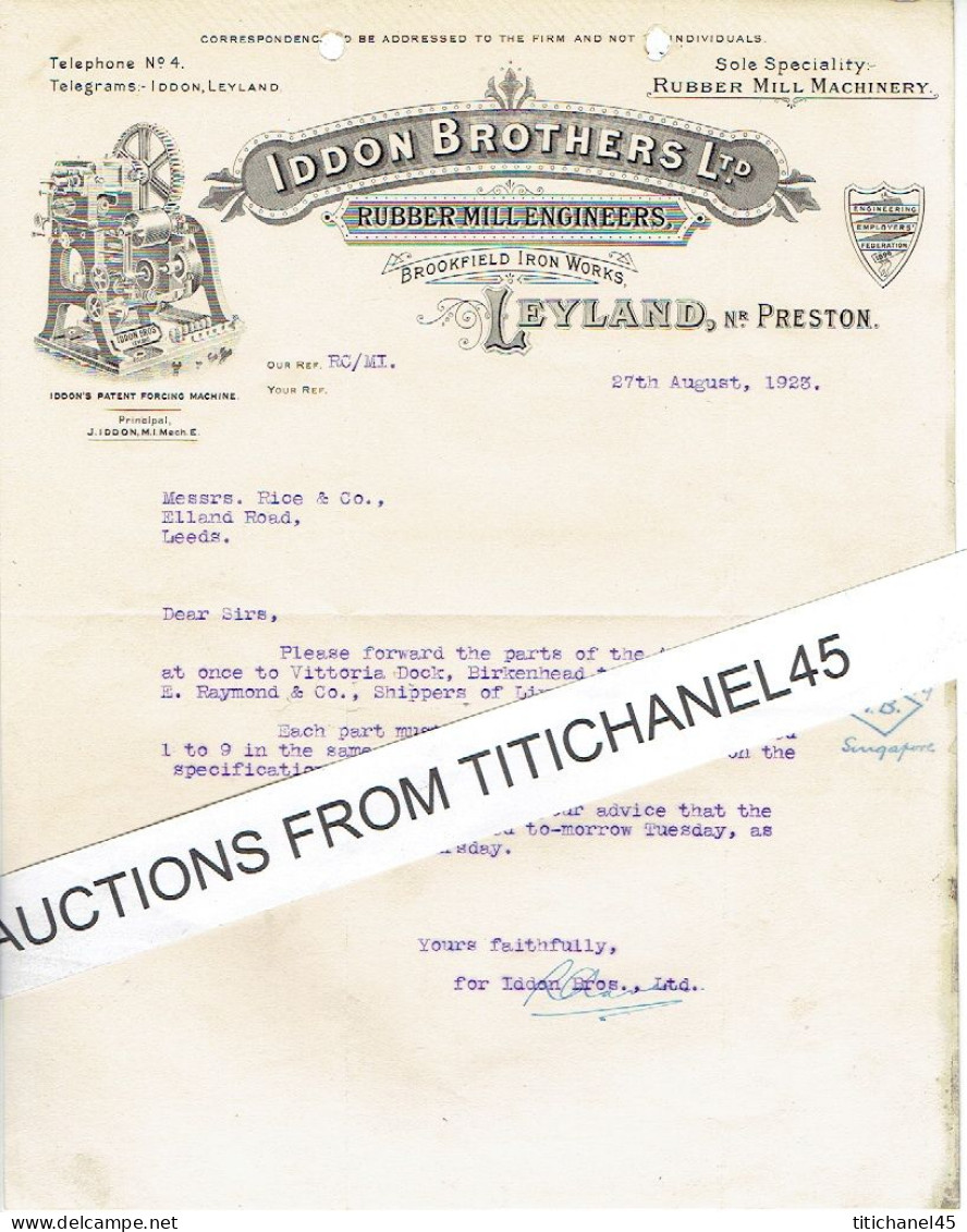 1923 LEYLAND - Letter From IDDON BROTHERS Ltd - Rubber Mill Machinery - Royaume-Uni