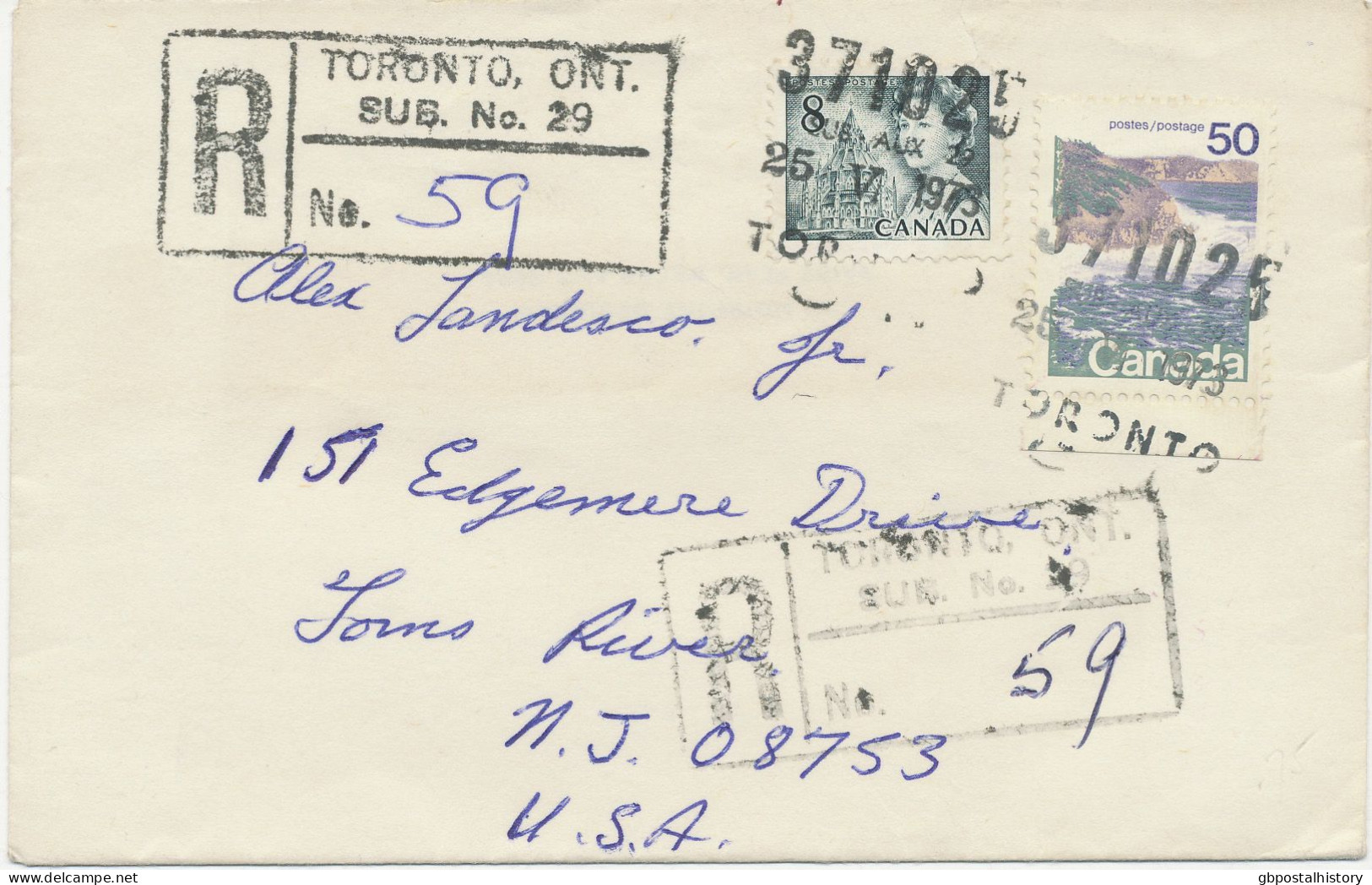 CANADA 1973, QEII 8 C And Cliffs 50 C On Superb R-Cover To USA W. Rare L5-Postmark "371025 / SUB-AUX 29 / 25 VI 1973 / T - Briefe U. Dokumente