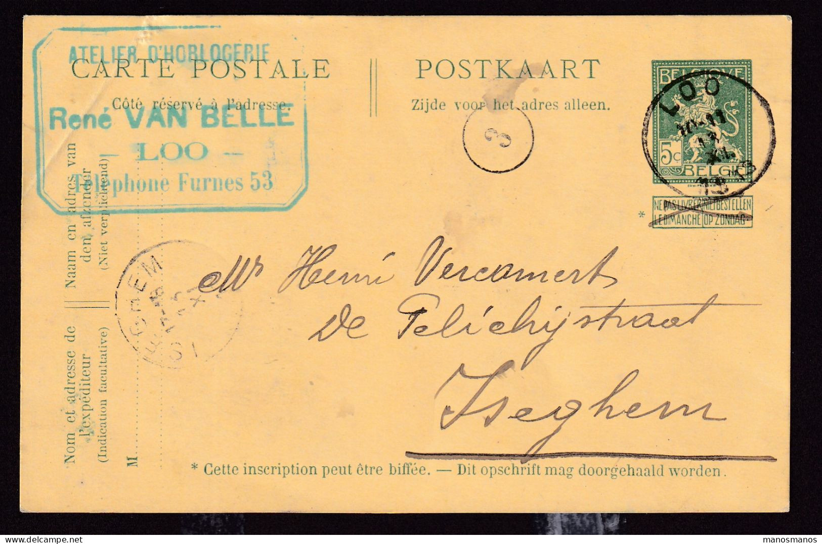 DDFF 604 -  Entier Pellens T2R LOO 1913 Vers ISEGHEM - Cachet Privé Atelier D' Horlogerie René Van Belle - Postcards 1909-1934