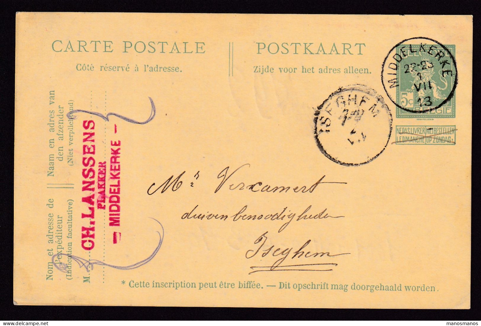 DDFF 606 -  Entier Pellens T2R MIDDELKERKE 1912 Vers ISEGHEM - Cachet Privé Ch. Lanssens, Plakker - Cartes Postales 1909-1934