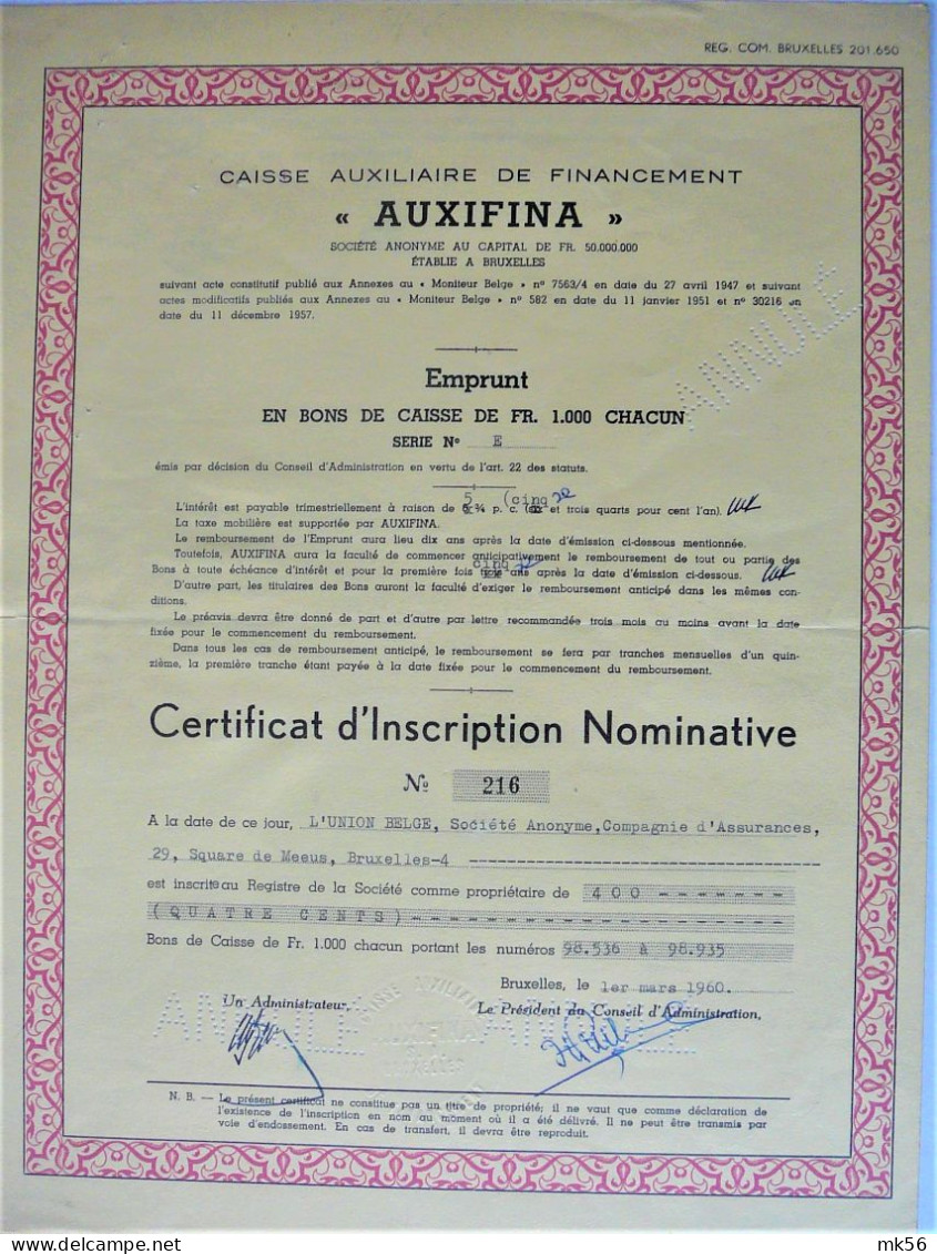 S.A. Auxifina - Certificat D'inscription Nominative - Empr. En Bons De Caisse De 1000 Bef (1960) Au Nom De L'union Belge - Banque & Assurance
