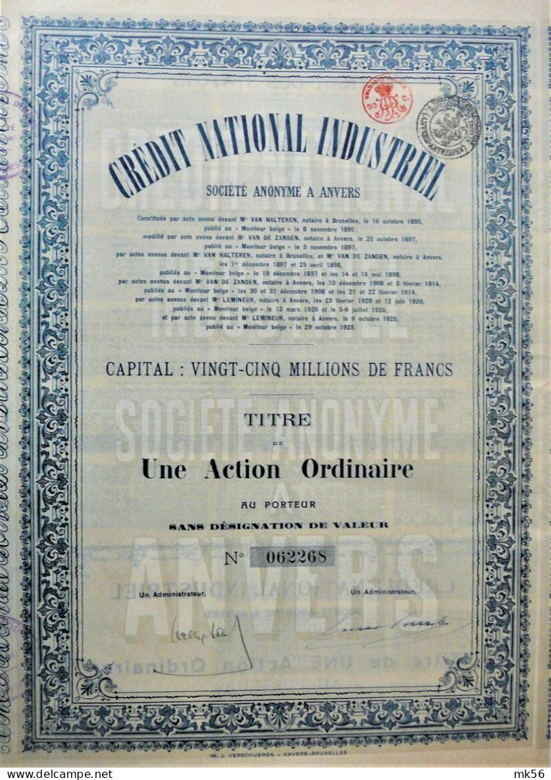 S.A.Crédit National Industriel - Une Action Ordinaire - 1928 - Anvers - Banque & Assurance