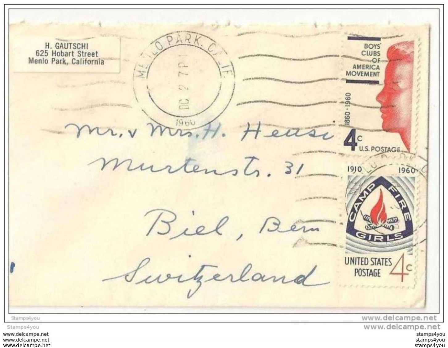 73 - 53 -  Enveloppe Envoyée De Menlo Park En Suisse 1960 - Covers & Documents