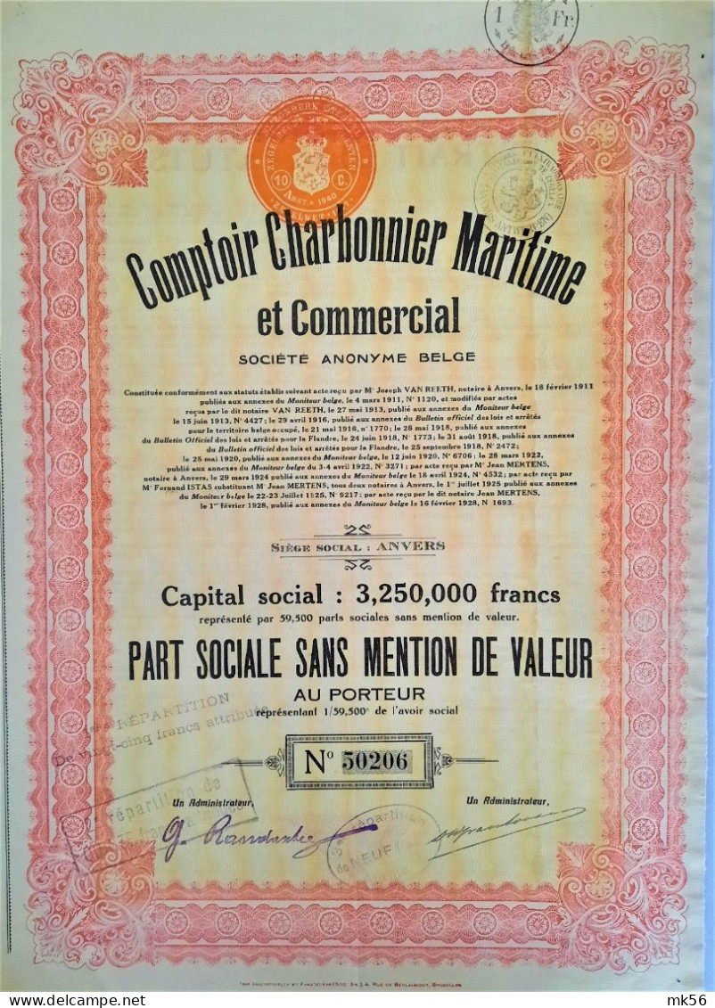 S.A. Comptoir Charbonnier Maritime - Part Sociale (1928) - Anvers - Schiffahrt