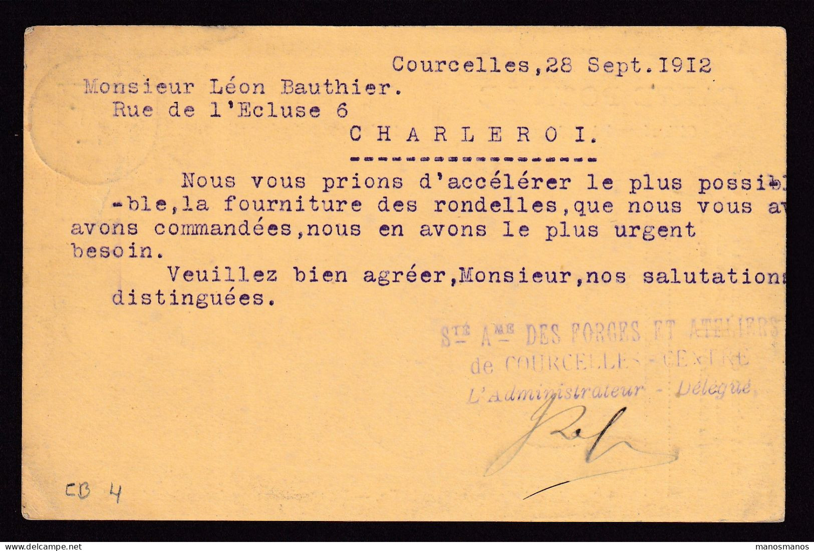 DDFF 612 -  Entier Pellens T2R ROUX 1912 Vers CHARLEROI - Cachet Privé S.A.des Forges/Ateliers De COURCELLES-CENTRE - Postcards 1909-1934