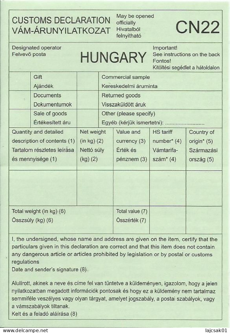 Hungary Customs  Declaration Label CN22 Declaration En Douane Old Type CN 22 Ancien C1 - Covers & Documents