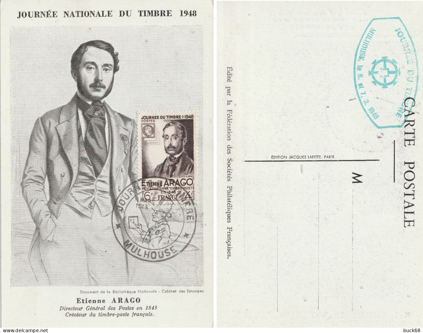 FRANCE  794 FDC Premier Jour Carte Journée Nationale Du Timbre Mulhouse 1948 ARAGO Créateur Du Timbre Français (CV 30 €) - ....-1949