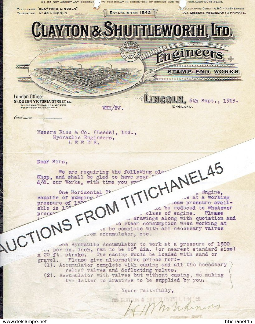 1913 LINCOLN- Letter From CLAYTON & SHUTTLEWORTH Ltd - Manufacturers Of Steam Rollers, Tractors, Combine Harvesters... - Royaume-Uni
