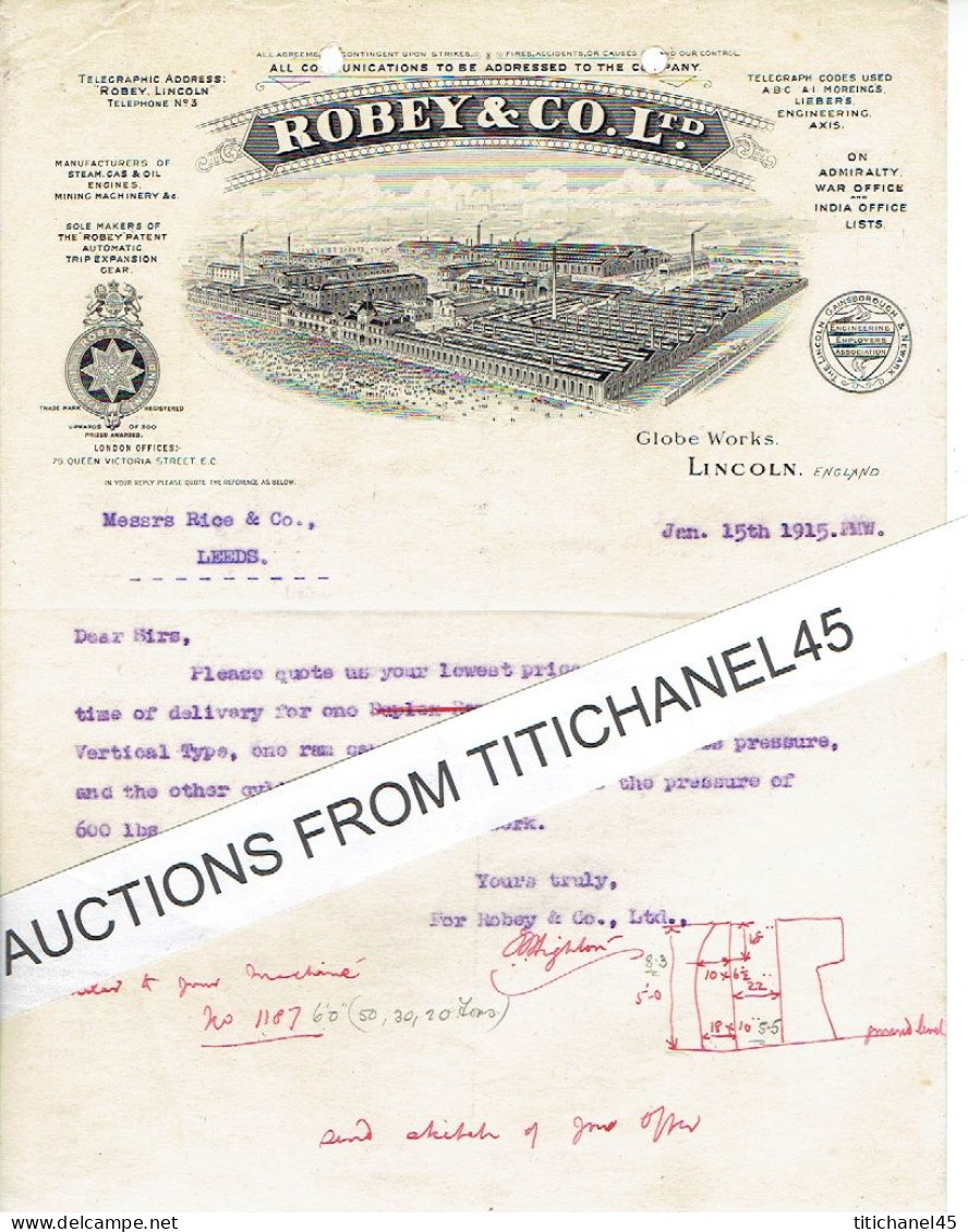 1915 LINCOLN- Letter From ROBEY & C° Ltd - Manufacturers Of Steam, Gas & Oil Engines, Mining Machinery... - Ver. Königreich