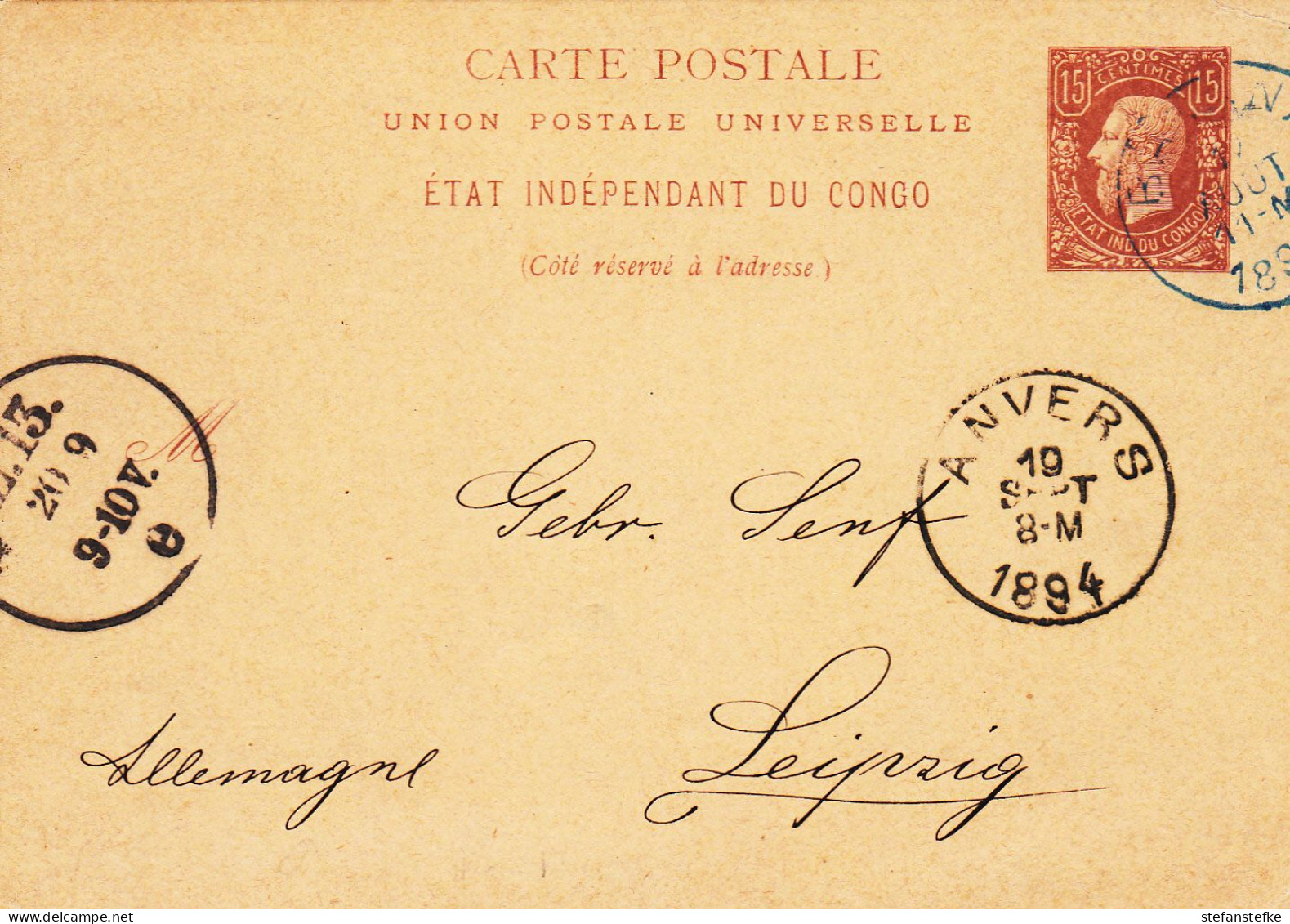 Congo Belge : STIBBE 1 FROM BANANA 19-09-1894 To Leipzig (zie  Scan) - Stamped Stationery