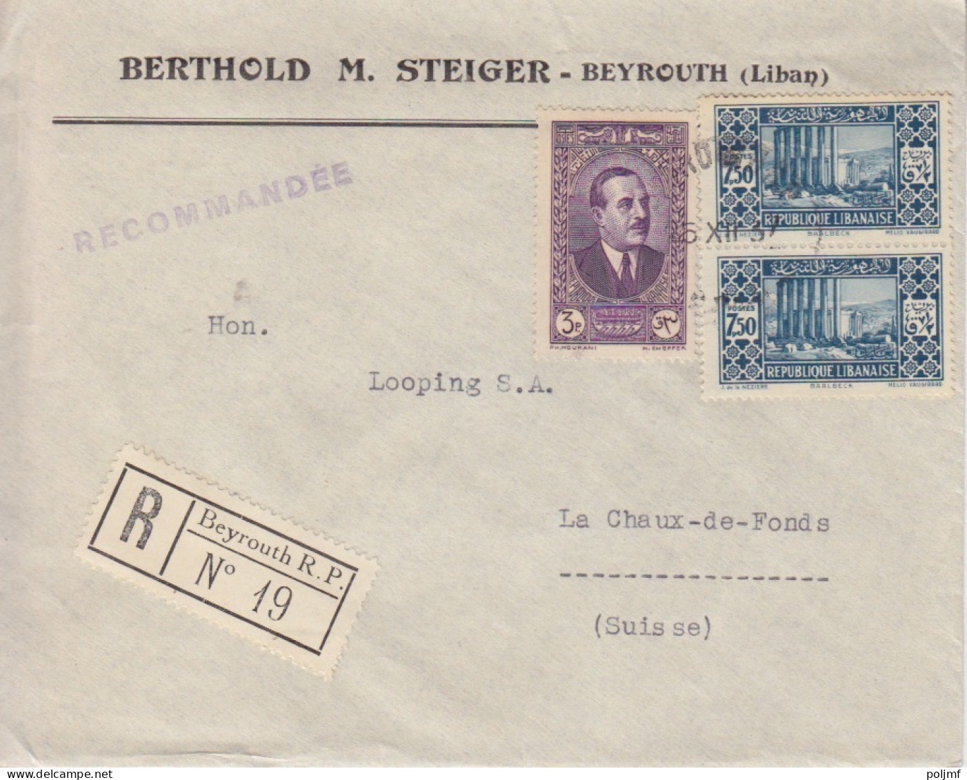 Lettre à Entête Recommandée Obl. Beyrouth Le 25 XII 37 Sur N° 143 X 2, 157 Pour Chaux De Fonds - Lettres & Documents