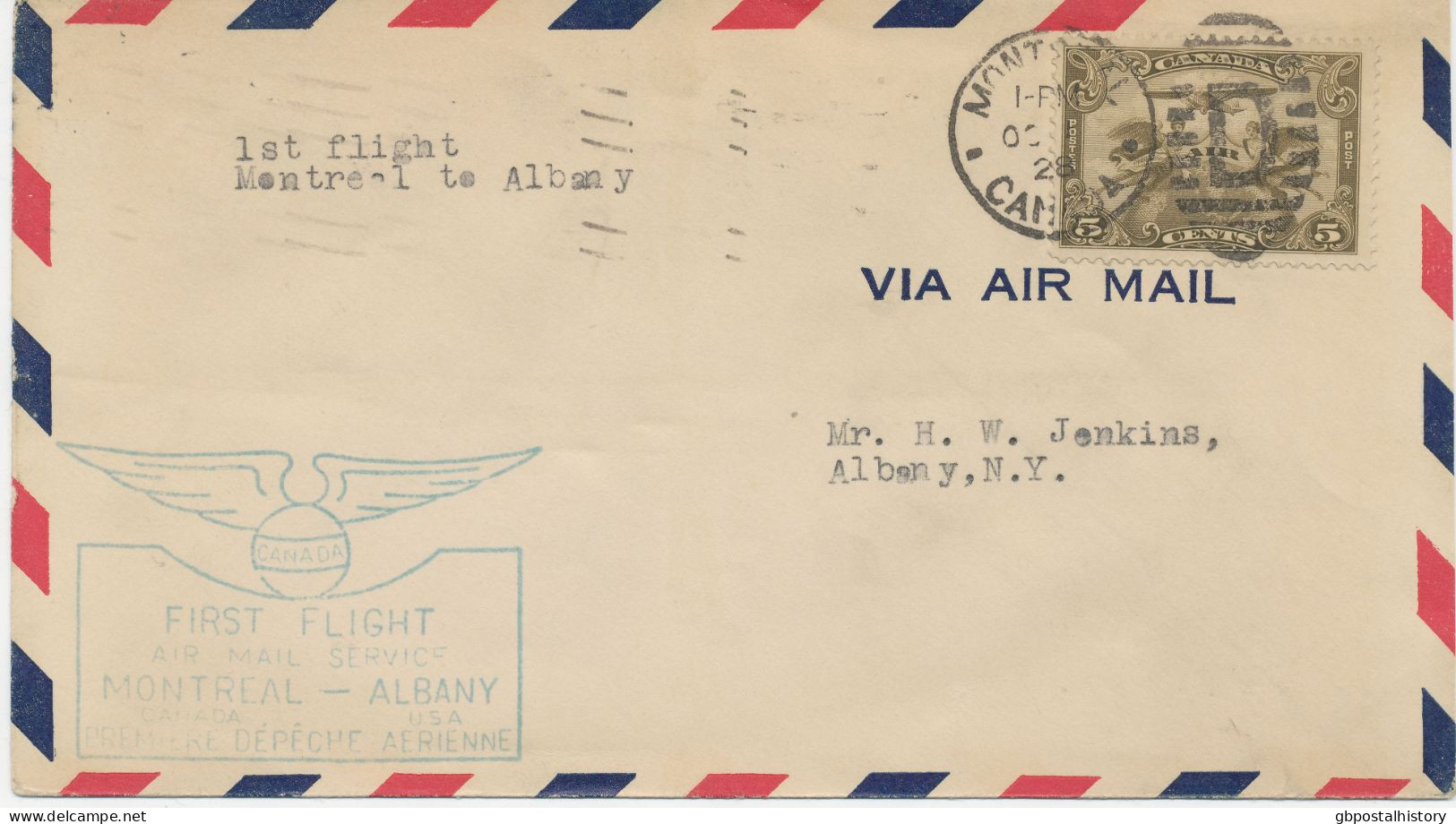 CANADA 1.10.1928, 5 C. Airplane Fokker F II As Single Postage On Very Fine Rare First Flight "MONTREAL - ALBANY (USA)" - Luchtpost