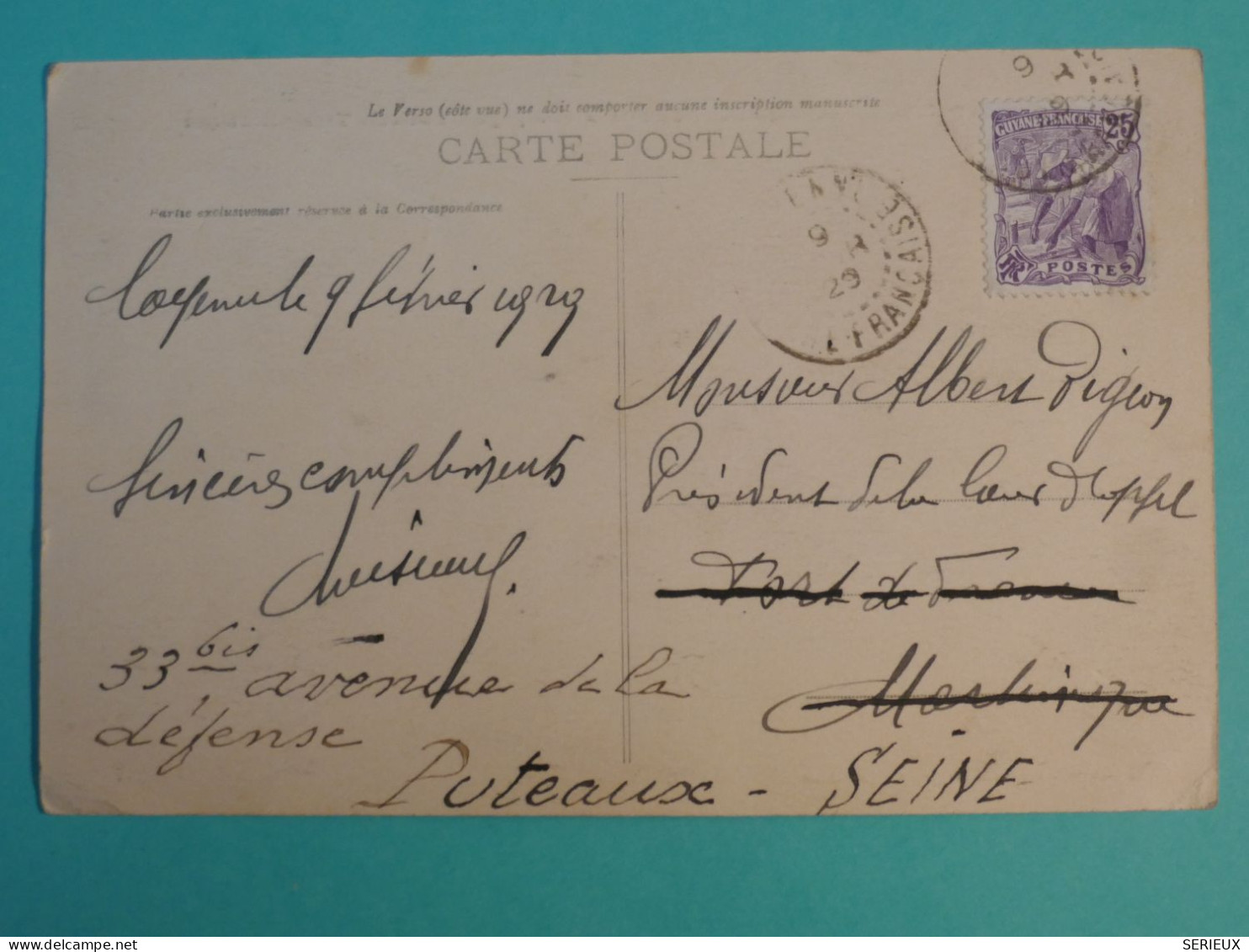 DJ 10  GUYANNE FRANCAISE    BELLE  CARTE   1929  CAYENNE A FORT DE F. MARTINIQUE .PUTEAUX FRANCE   +AFF. INTERESSANT+ - Cartas & Documentos