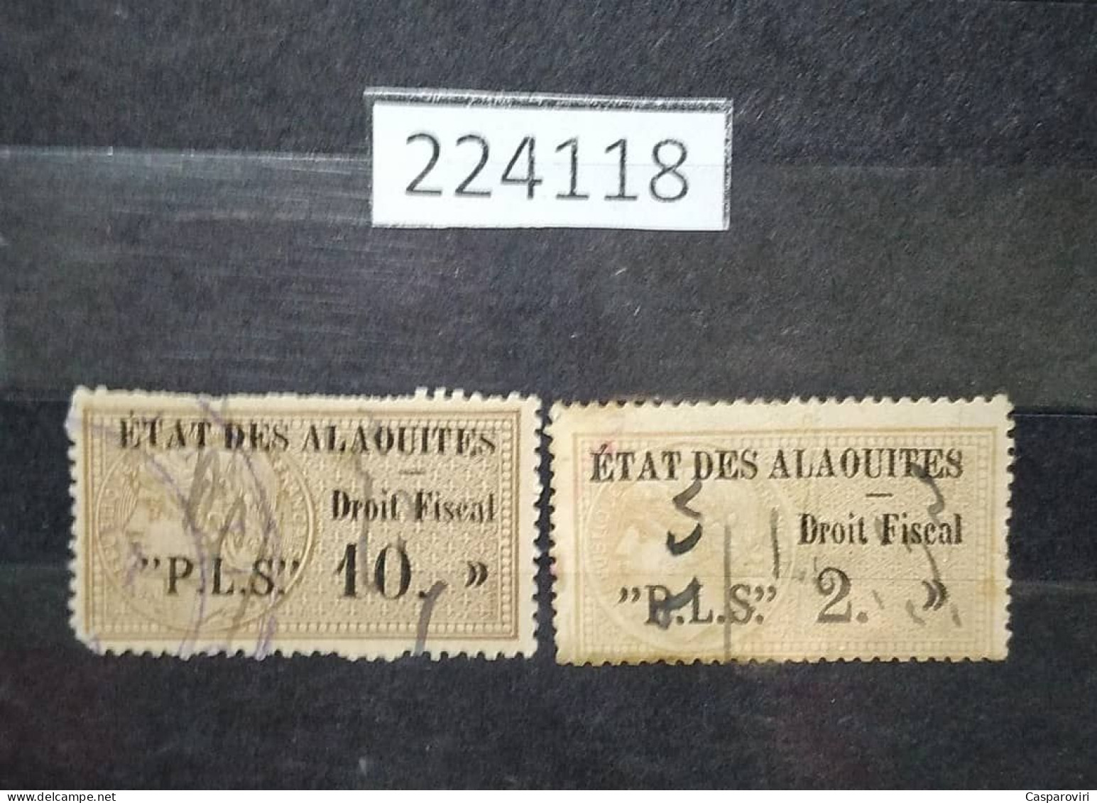 224118; French Colonies; Etat Des Alaouites; 2 Revenue French Stamps 2, 10 P ;Black Overprint Droit Fiscal; USED - Oblitérés