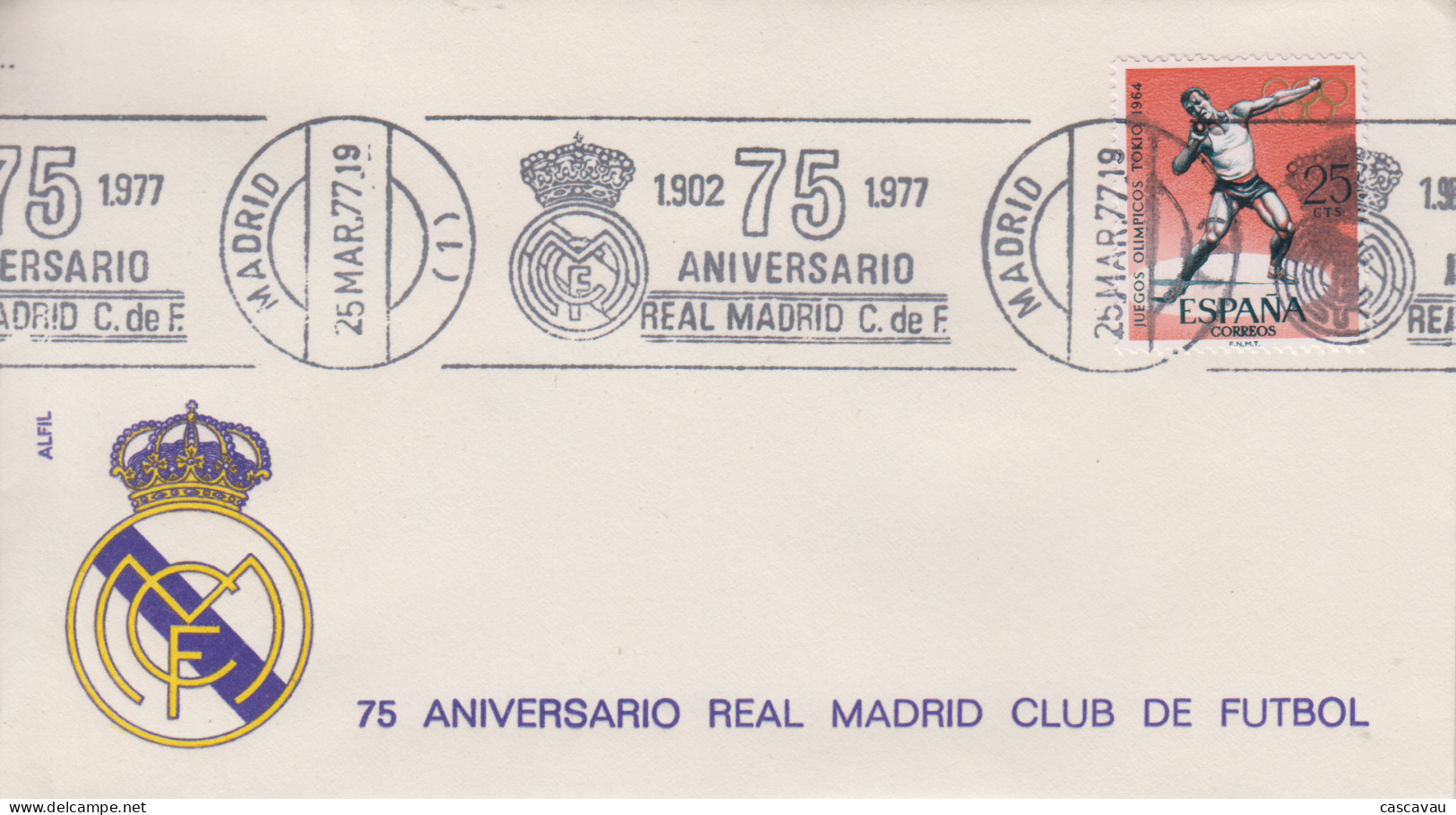 Enveloppe  ESPAGNE    FOOTBALL   75éme   Anniversaire   Du   Club    REAL  DE   MADRID    1977 - Berühmte Teams