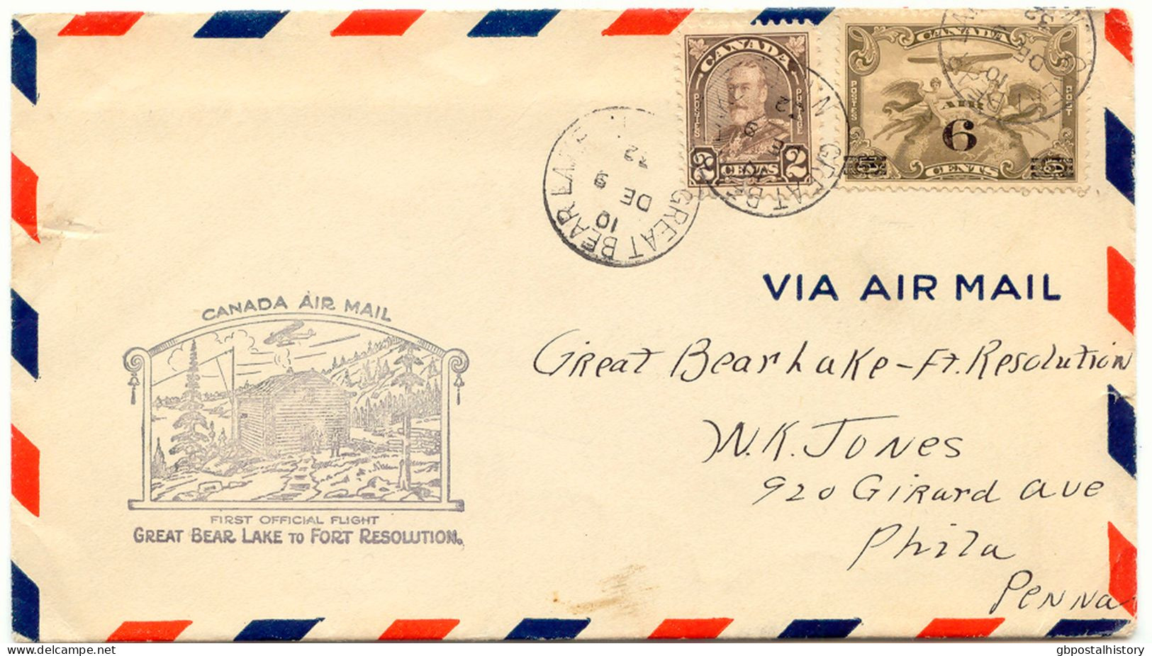 CANADA 1932, Very Fine Rare First Flight Canada Air "GREAT BEAR LAKE - FORT RESOLUTION" W. Provisional Airmail Issue - Luchtpost