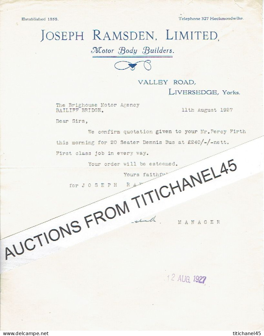 1927 LIVERSEDGE -  Letter From JOSEPH RAMSDEN LIMIED - Motor Body Builers - Reino Unido