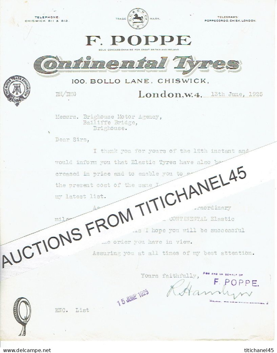 1925 LONDON -  Letter From F. POPPE - Continental Tyres - United Kingdom