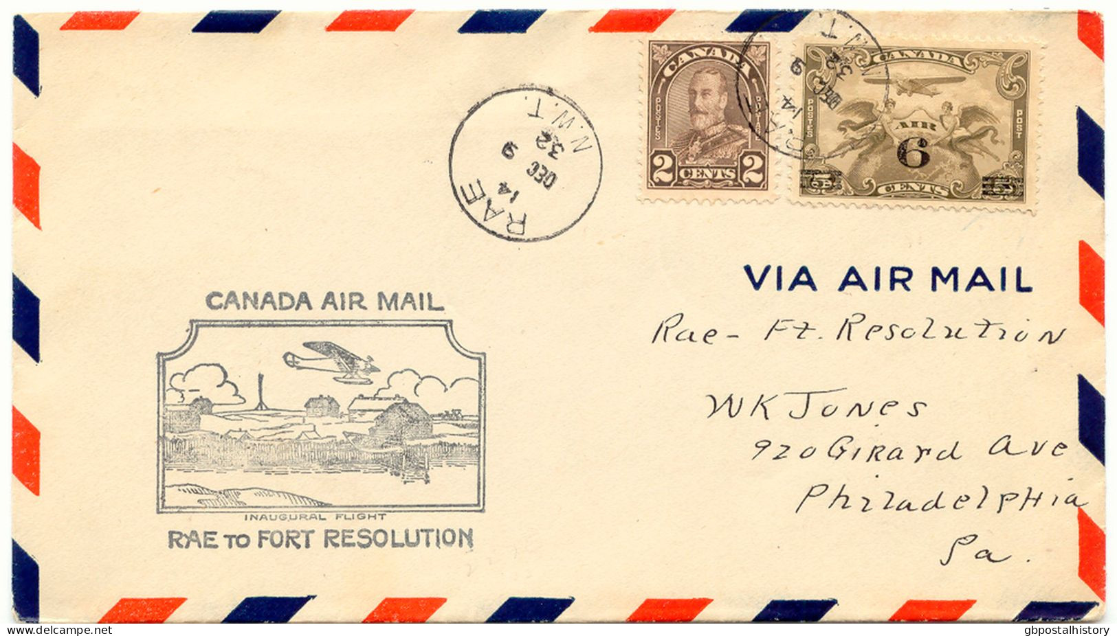 CANADA 14.12.1932, Superb Rare First Flight Canada Air "RAE (Behchokò) - FORT RESOLUTION" W. Provisional Airmail Issue 6 - Aéreo