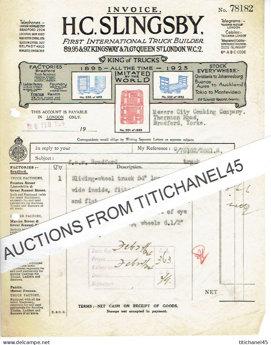 1924 LONDON -  Invoice From H.C. SLINGSBY - Truck Builder - Ver. Königreich