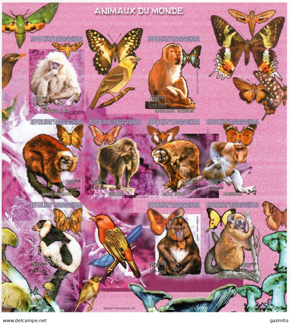 Madagascar 1999, Animals, Butterflies, Mushrooms, Birds, Monkey, 9val In BF IMPERFORATED - Apen