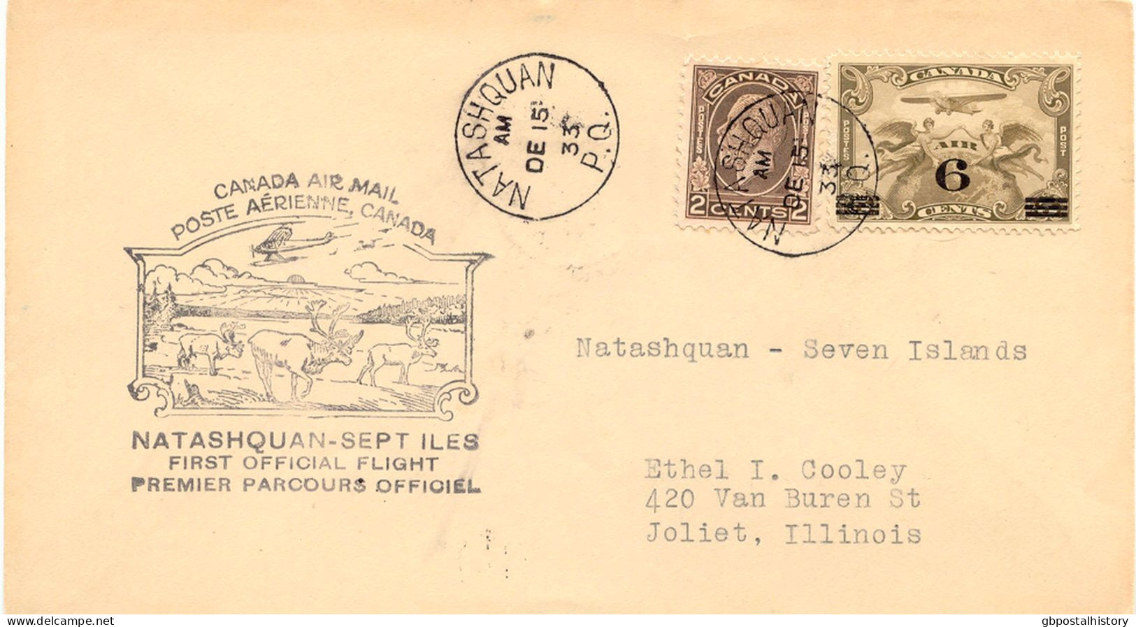 CANADA 15.12.1932, Superb Rare First Flight Canada Air "NATASHQUAN - SEPT ILES (SEVEN ISLES)" W. Provisional Airmail Iss - Poste Aérienne