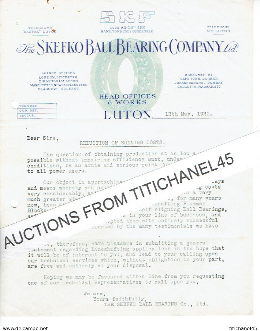 1924 LUTON -  Letter The SKEFKO BALL BEARING COMPANY Ltd - Mechnaical Bearing Manufacturer - Regno Unito
