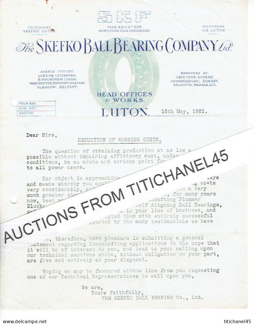 1924 LUTON -  Letter The SKEFKO BALL BEARING COMPANY Ltd - Mechnaical Bearing Manufacturer - Reino Unido