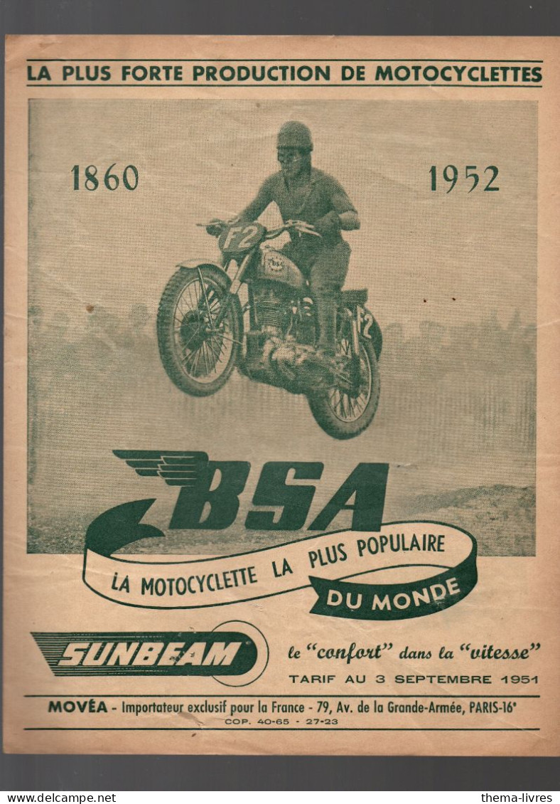 Catalogue  Tarif 1952  MOTOS  BSA SUNBEAM (PPP46387) - Motor Bikes