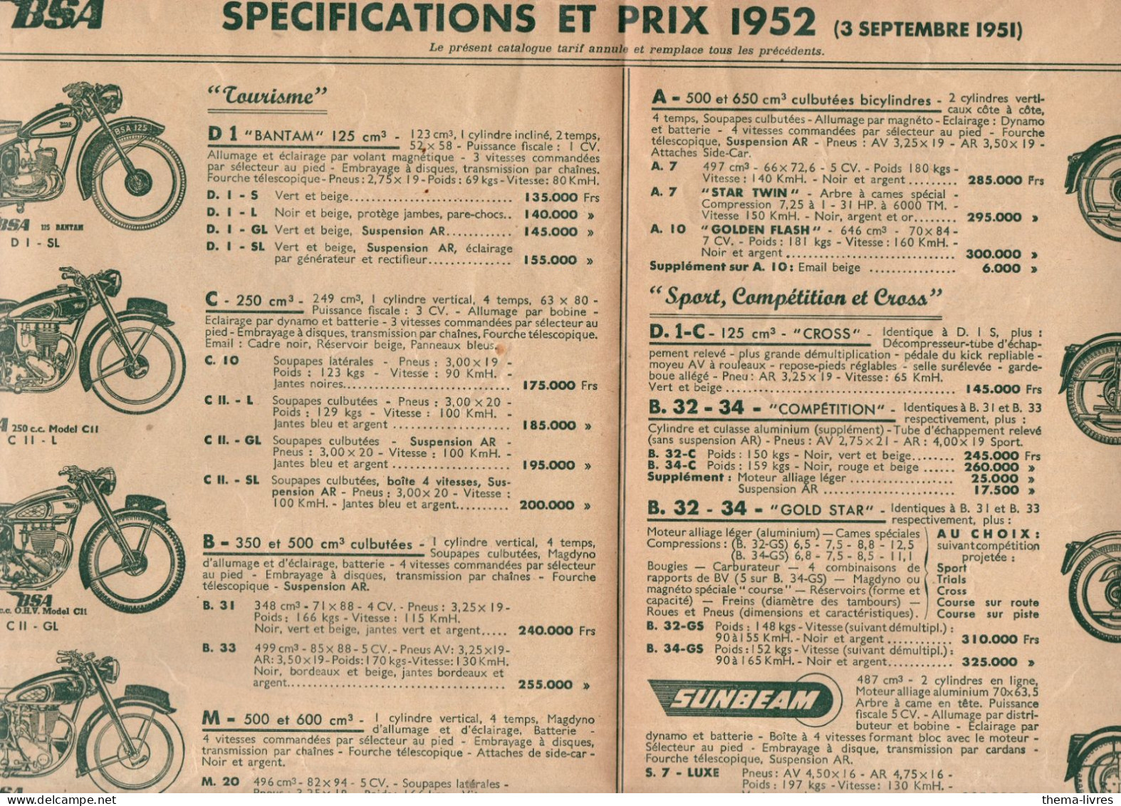 Catalogue  Tarif 1952  MOTOS  BSA SUNBEAM (PPP46387) - Motos