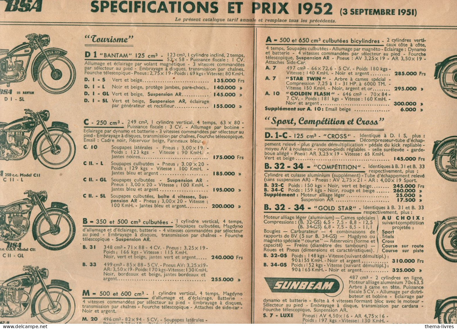 Catalogue  Tarif 1952  MOTOS  BSA SUNBEAM (PPP46387) - Moto