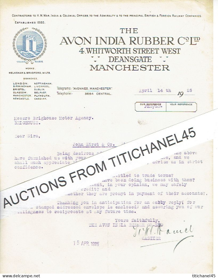 1925 MANCHESTER -  Letter Of The AVON INDIA RUBBER C° Ltd - Ver. Königreich