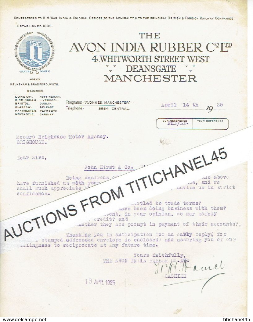 1925 MANCHESTER -  Letter Of The AVON INDIA RUBBER C° Ltd - Regno Unito