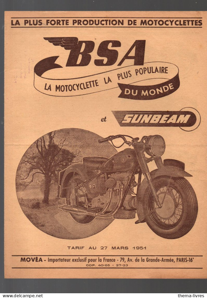 Catalogue  Tarif 1951  MOTOS  BSA SUNBEAM (PPP46388) - Motorräder