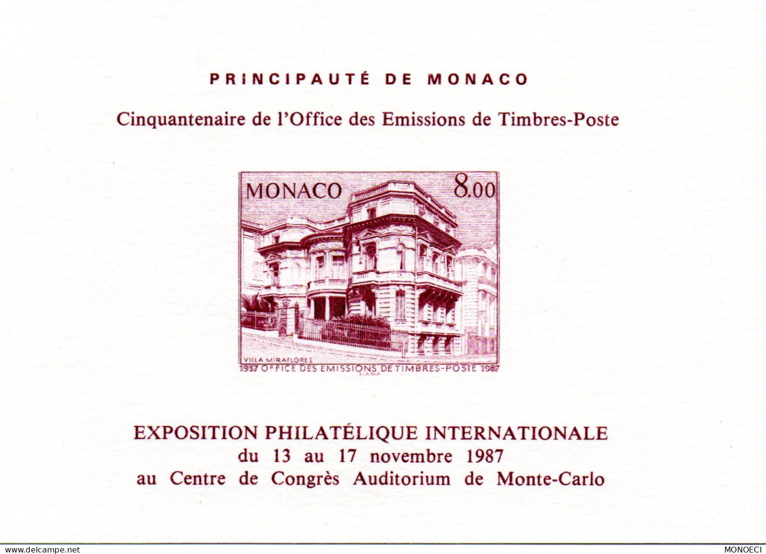 MONACO -- MONTE CARLO -- Bristol Timbre 8,00 Francs -- Cinquantenaire De L'Office Des Emissions De Timbre- Poste - Briefe U. Dokumente